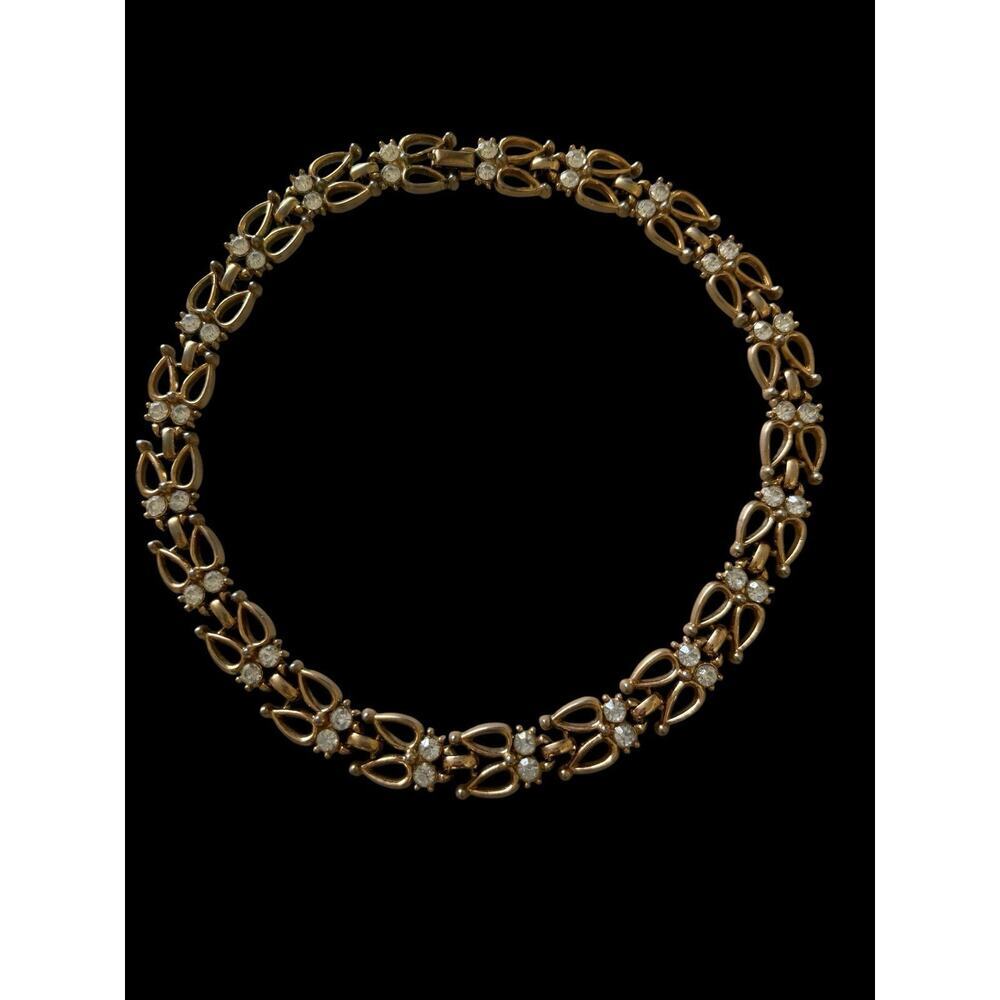 Rhinestone Collar Necklace Gold Tone Mid Century Vintage Wedding 15”